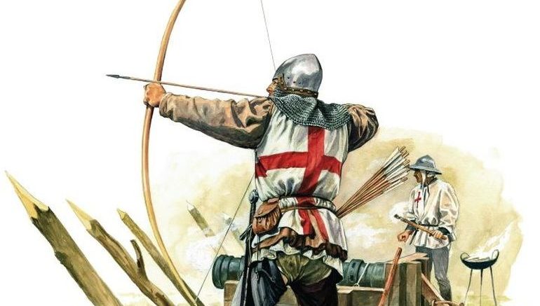 Gli arcieri ad arco lungo inglesi ebbero un ruolo decisivo nella Guerra dei Cent'Anni - Illustrazione di Graham Turner.