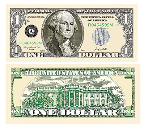 George Washington, ritratto sulla banconota da un dollaro. Sul Retro è raffigurata la Casa Bianca.