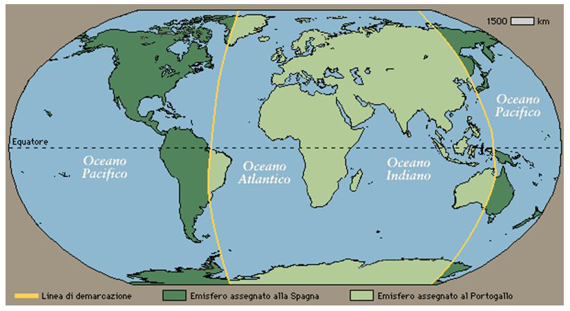 La divisione del globo secondo il Trattato di Tordesillas tra Spagna e Portogallo nel 1494