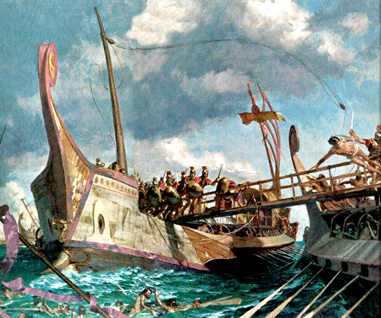 Il "corvo", la passerella che permetteva l'arrembaggio delle navi nemiche. Così i Romani riuscivano a trasformare le battaglie navali in combattimenti di fanteria.