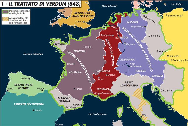 La divisione dell'impero sancita dal Trattato di Verdun dell'843
