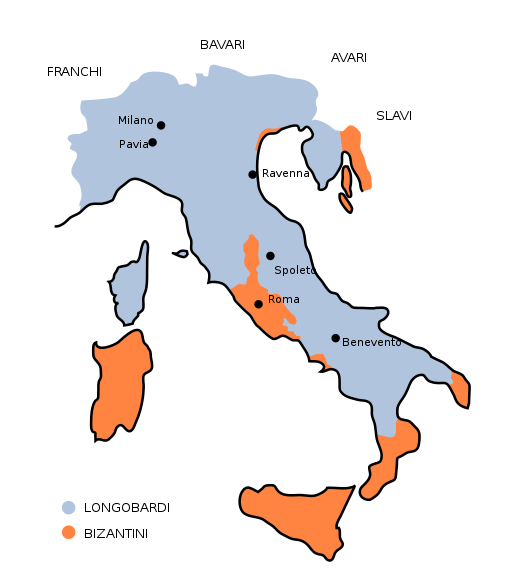 La penisola italica divisa tra Longobardi e Bizantini