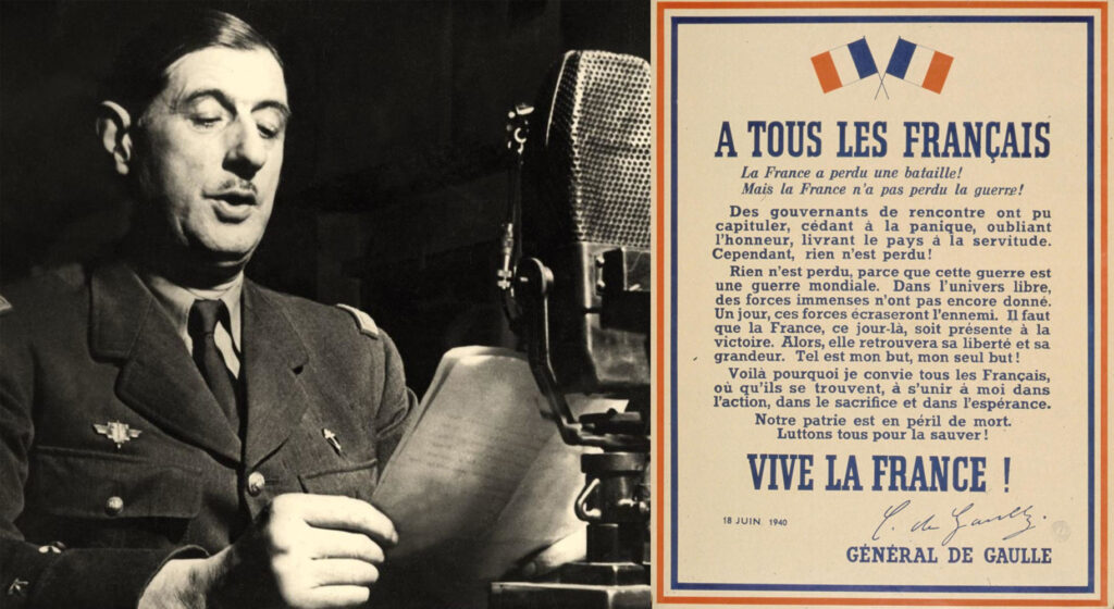 Il generale De Gaulle negli studi di Radio Londra e il manifesto dell'appello del 18 giugno 