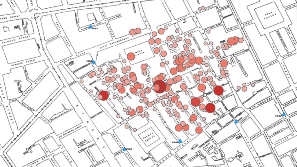 La mappa elaborata da John Snow. I punti rossi corrispondono ai casi di persone contagiate dal colera